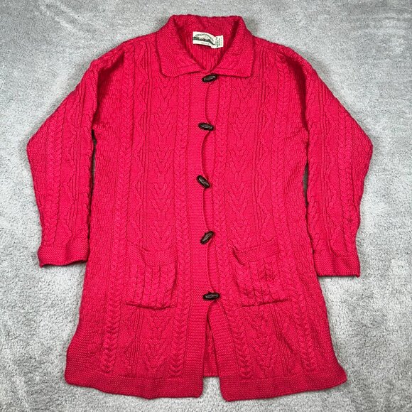 Aran Crafts Sweaters - Aran Crafts Ireland Merino Wool Cable Knit Long Sweater Cardigan Coatigan Red M